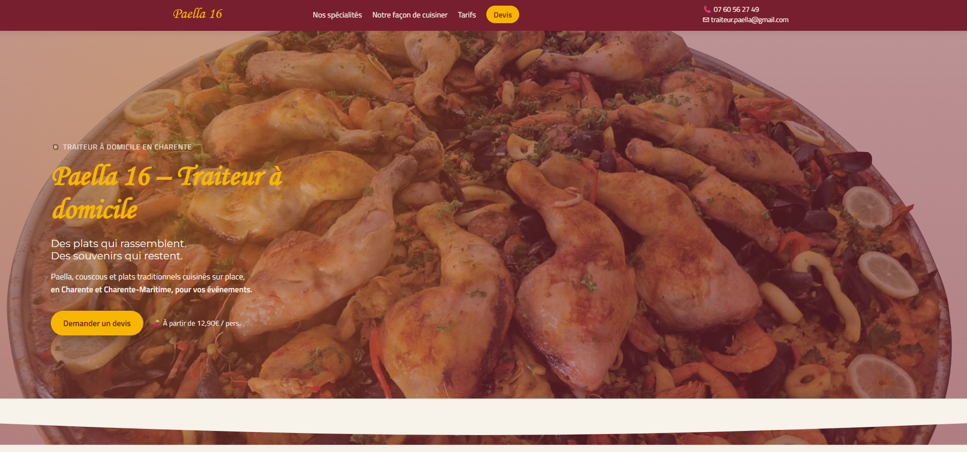 Page d’accueil du site Paella16, traiteur à domicile